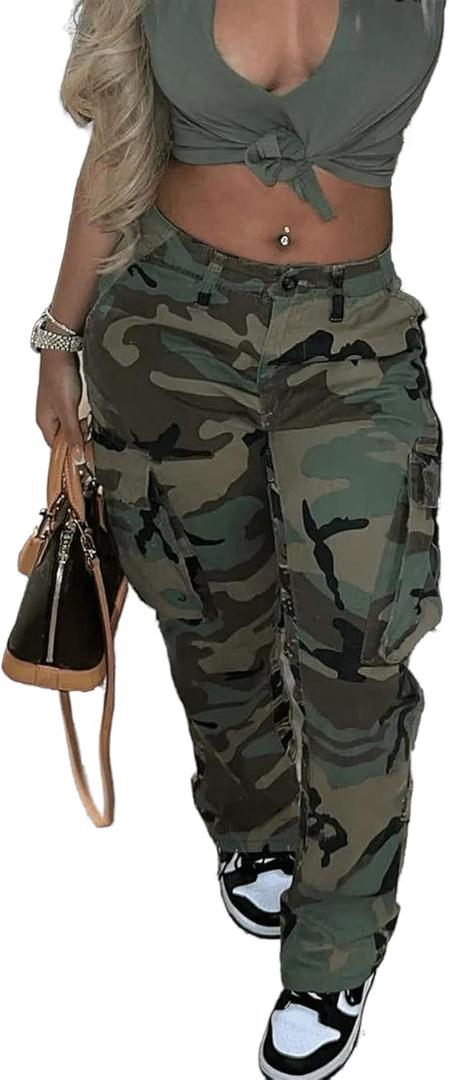 Womens Camo Cargo High Waist Pants Camouflage Military Elastic Trousers with Pockets (XL)