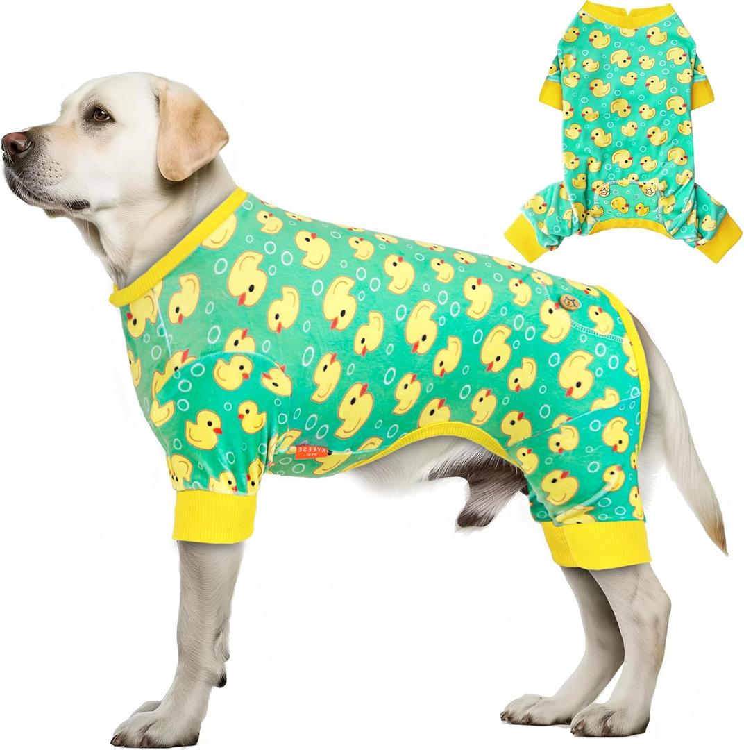 KYEESE Dog Pajamas Velvet Dog Pajamas Soft Dogs Clothes Pjs with Yellow Ducks Pattern Stretchy Pet Jammies Coat Comfy Pet Onesie Costume, 2X-Large