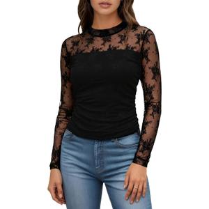 Womens Long Sleeve Lace Tops Crew Neck Mesh Sheer Shirts Going Out Tops (Black, S)