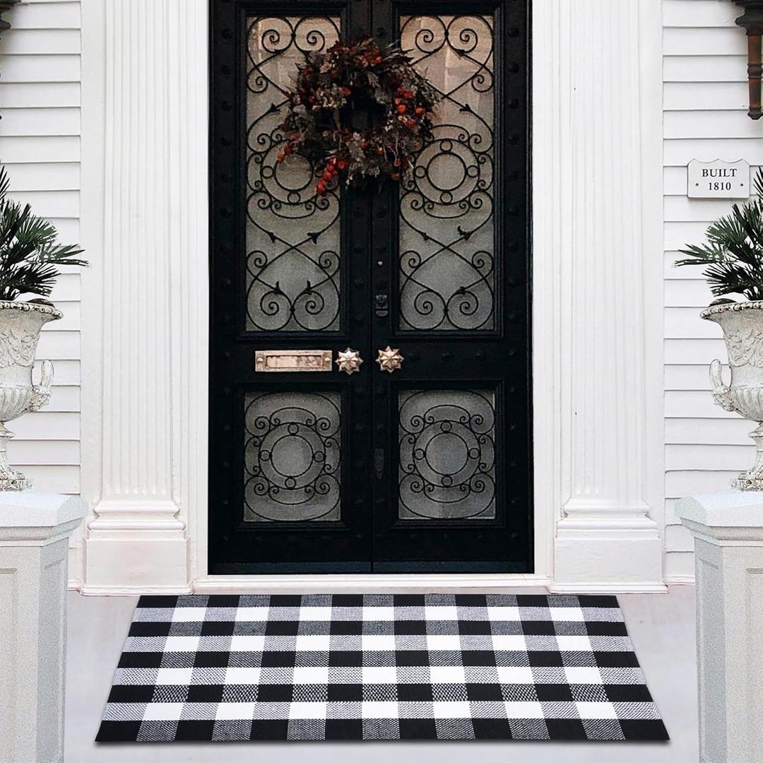 Buffalo Plaid Area Rug - 27.5x43 Inches, Black and White Checkered, Washable Cotton, Ideal for Front Porch, Kitchen, Entryway, Patio, Bathroom