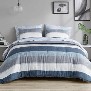 Madison Park Essentials Jaxon Twin Comforter Set, Bed In A Bag Comforter & Sheet Set, Modern Casual Stripes Print, All Seasons, Soft Microfiber Bedding Makeover, Matching Sham, Twin, Blue/Grey 5 Piece