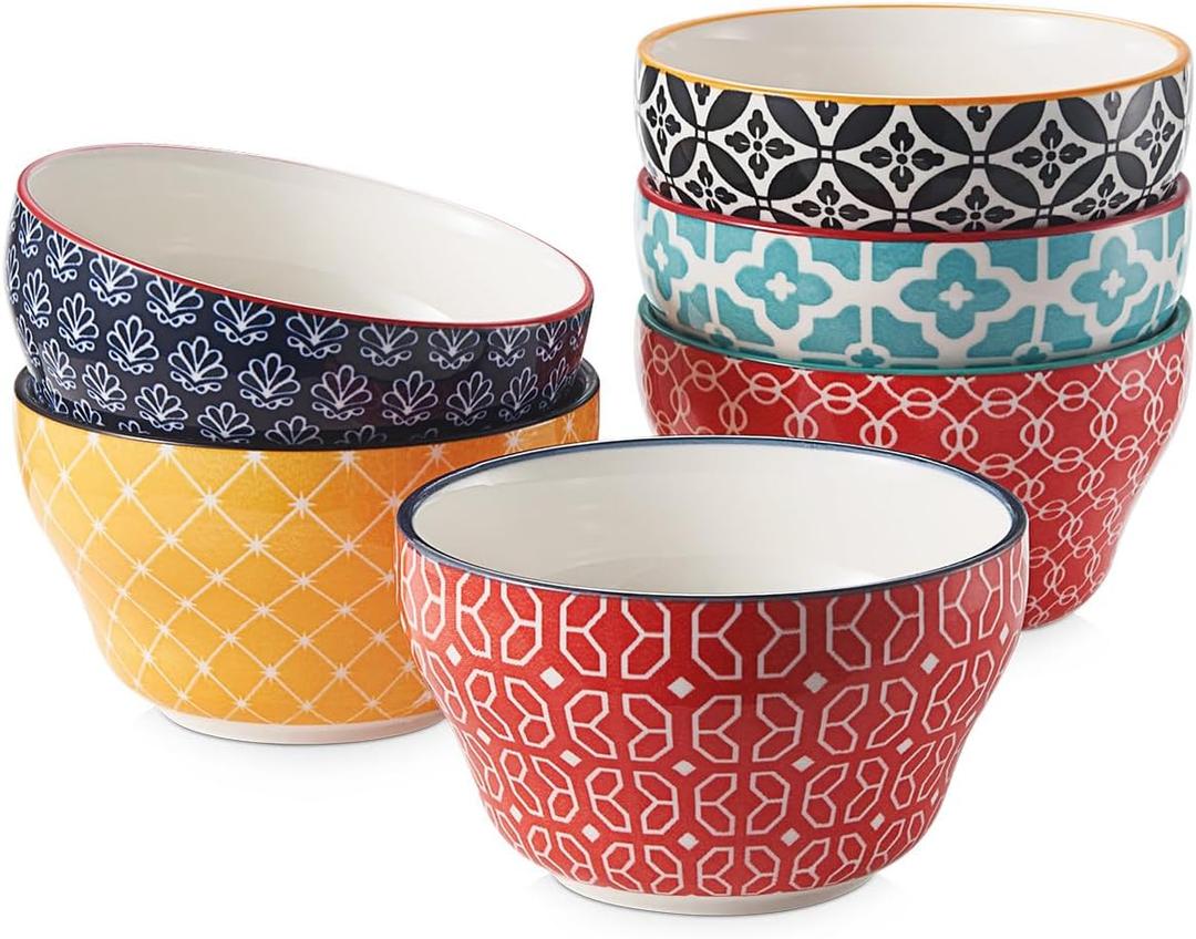 DOWAN Small Dessert Bowls Set of 6, 8oz Ceramic Bouillon Cups for Soup Dipping Sauce Coffee Cupping, Microwave Dishwasher Safe, Vibrant Patterned Porcelain Bowls for Kitchen Decor & Housewarming Gift (Multicolor)