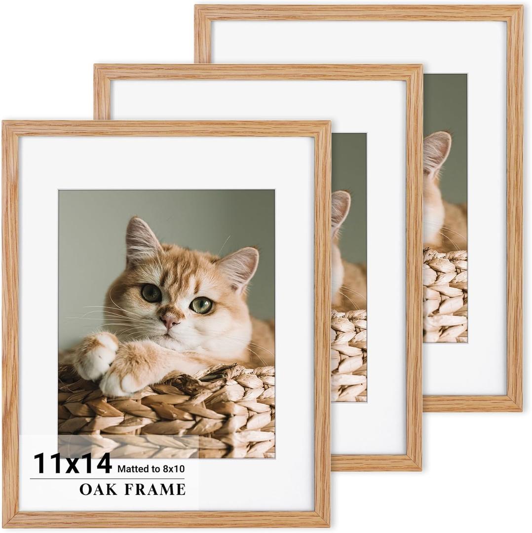 Heimlove 11x14 Picture Frame for wall,Premium Solid Oak Wood Frames Mat for 8x10 Picture & Tempered Glass-11x14 frame for Wall Art Photo and Prints,Tabletop Display family picture-Natural Oak 3 pack