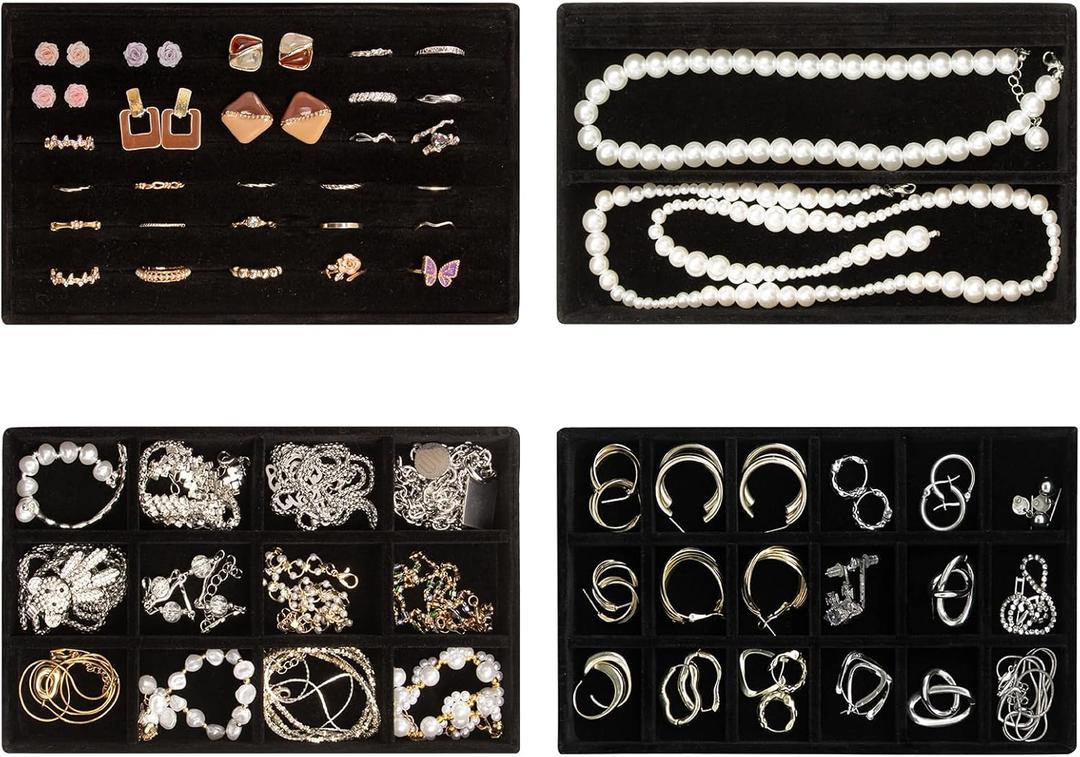 Velvet Jewelry Trays 4 Set,Stackable Jewelry Organizer Storage Trays,Jewelry Drawer Organizer,Earring Ring Necklace Organizer for Women(4 Set,Black)