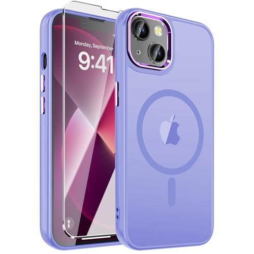 WRJ Magnetic Case for iPhone 13,iPhone 14 Case with Screen Protector, Magnetic Translucent [Compatible with Magsafe] Slim Anti-Fingerprints Shockproof Protective Cover for Women Men-Light Purple  Pack of 3