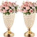 Gold Crystal Trumpet Floral Vase -2 Pcs Centerpieces for Wedding Table, 10.6" Wrought Iron Crystal Vase, Flower Vases for Party Dinner Centerpiece Event, Anniversary Ceremony Birthday Home Decoration