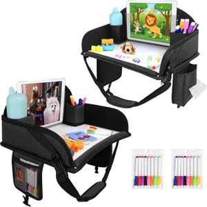 Kids Travel Tray for Toddler Car Seat, Lap Tray for Girl Activities with Dry Erase Board & Cooler Cup Holder, Road Trip Essentials Accessories with No-Drop Large Tablet iPad Holder Stand,2Pc Black