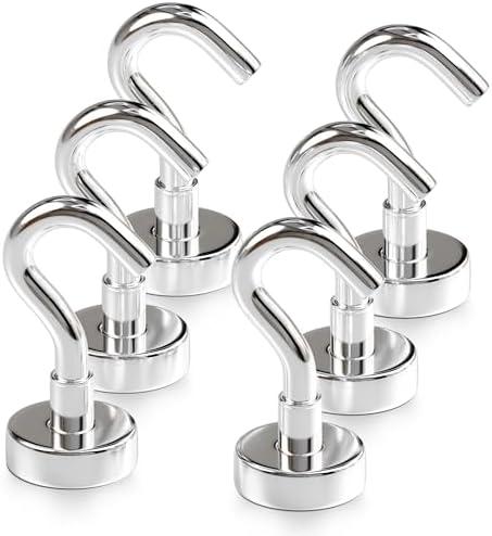 Magnetic Hooks 27 LBS (Pack of 6 Silver) - Heavy Duty Neodymium Hooks for Outdoor & Backyard Use - Strong Rare Earth Magnets for Cruise Cabins - Magnetic Hooks for Kitchen & Refrigerators