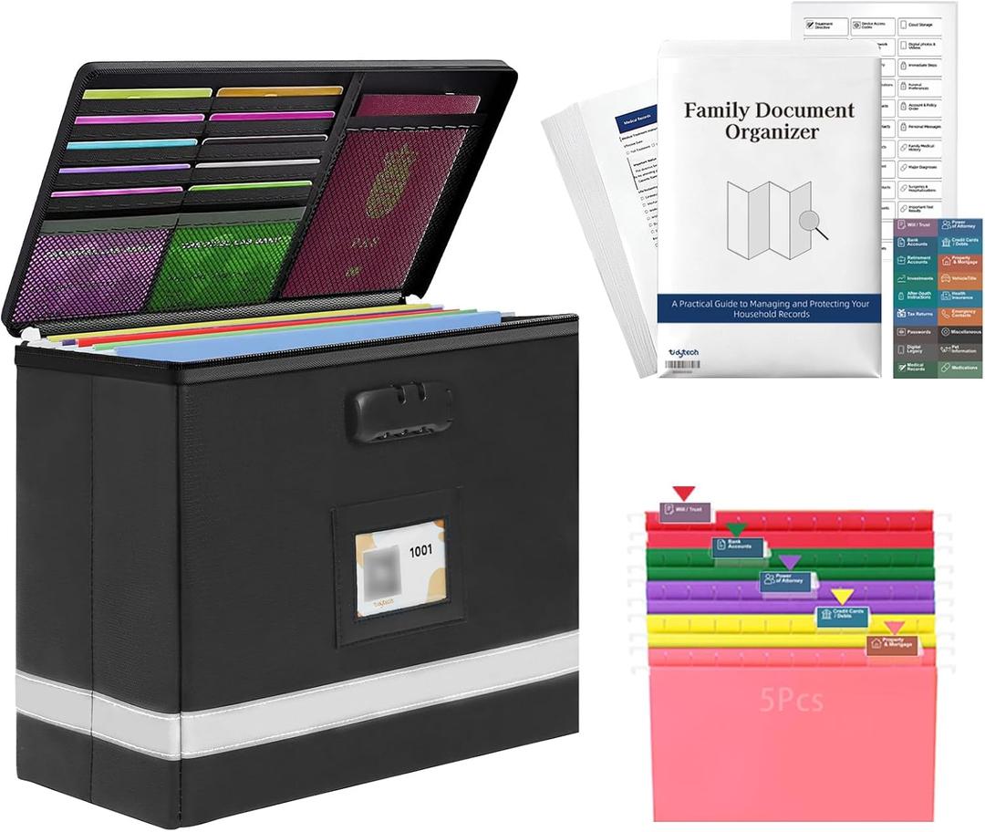 Deluxe Pro Small Next of Kin Box Organizer with 55-Page Family Document Guide, Fireproof Foldable File Organizer with Combination Lock, 5 Hanging Files and 128 Category Labels (13"L6.3"W8.3"H)