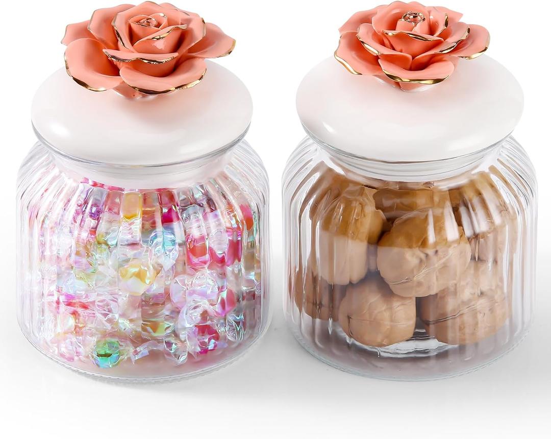 Glass Jars with Airtight Ceramic Lids, Handcrafted Porcelain Rose, Glass Food Storage Canister for Kitchen, Decorative Jars for Coffee Tea Sugar Candy, Orange Red Rose, Set of 2