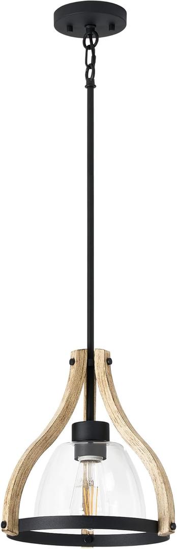 HANASS Pendant Light Fixtures, Farmhouse Wood and Glass Pendant Lighting for Kitchen Island, Rustic Pendant Lights, Height Adjustable, MD89437 (Oak)