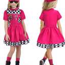 G.C 8pcs Kids Girls Race Car Driver Costume Toddler Racing Suit Rose Red Racer Dress Costumes Accessories Car Cap Knee Socks Sunglasses Flags Halloween Dress up Clothes (XS(3-4T))
