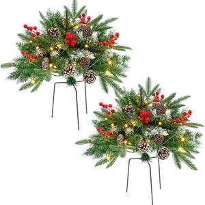 Set of 2 Christmas Tree Urn Filler, Lighted Artificial Xmas Pine Trees with Tripod Stake, Battery Powered Outdoor Christmas Trees for Porch, Driveway, Yard (14 Pine Cones)