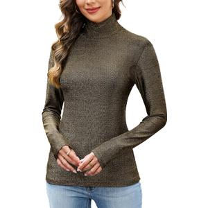 Sparkly Tops for Women, Turtleneck Long Sleeve Slim Fit Glitter Tee Blouse Tops (Gold, L)