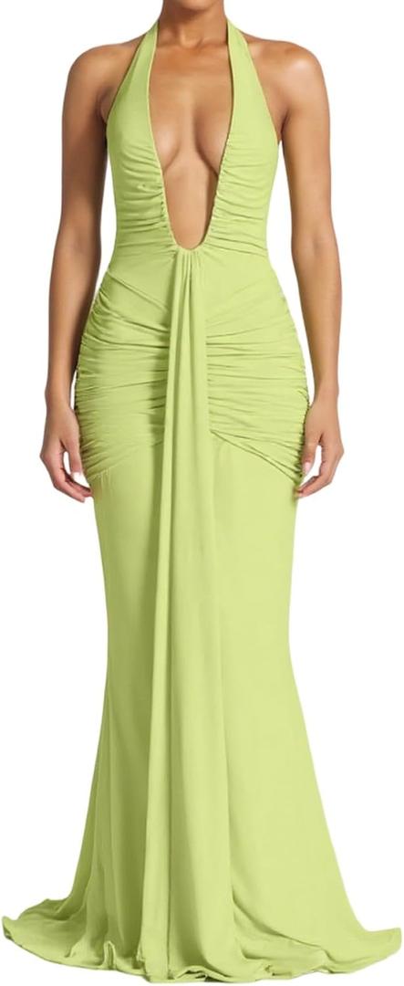 SHINFY Women Summer Halter Maxi Dress Ruched Bodycon V Neck Formal Cocktail Party Evening Dress Green Medium