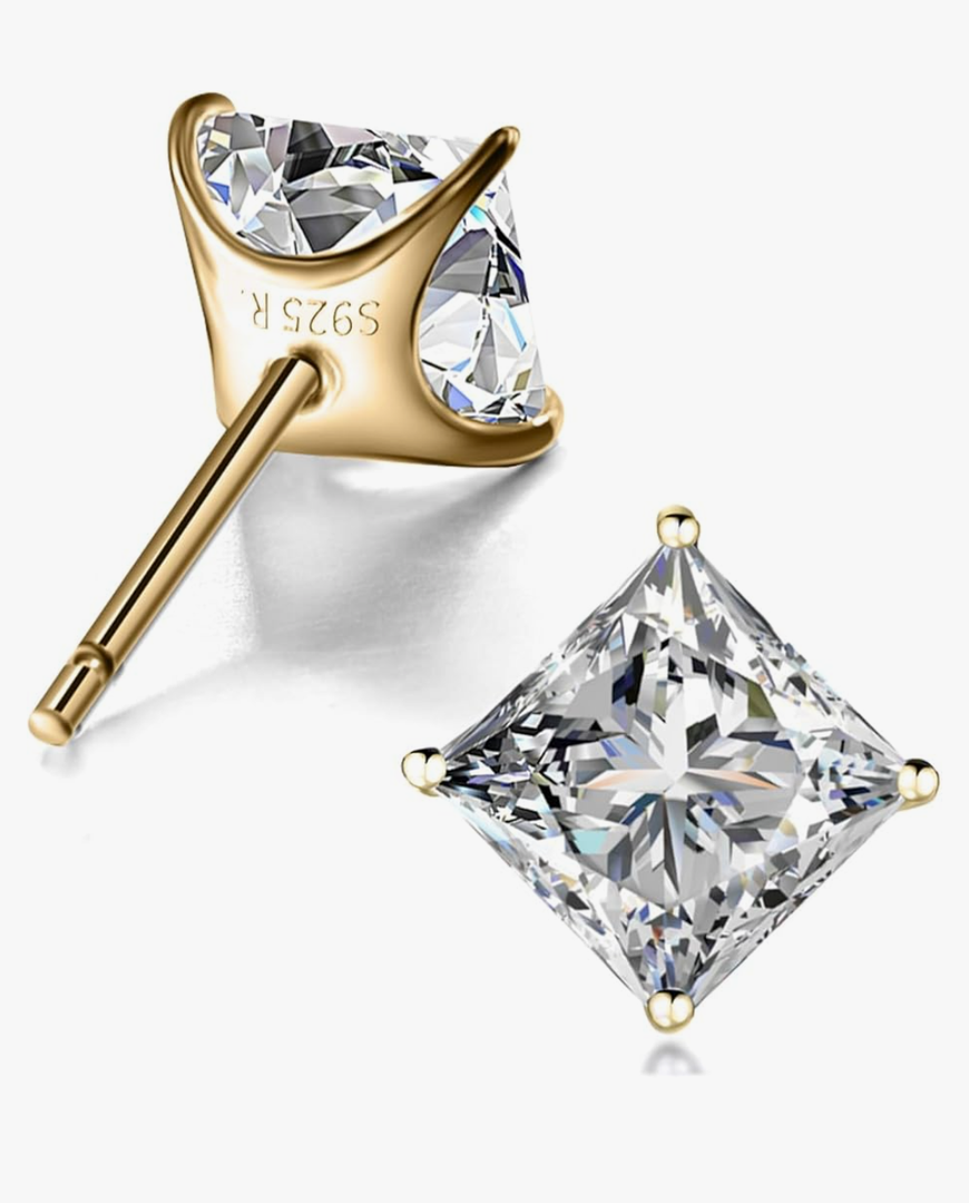 STUNNING FLAME 18K Gold Plated Sterling Silver Princess Cut Cubic Zirconia Stud Earrings
