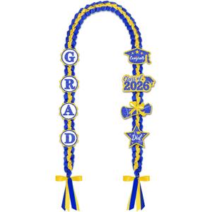 2026 Graduation Leis with Glitter Pins 2026 Grad Decorations Handmade Double Braided Satin Lei for Class of 2026 Graduate Her Him High School College Grad Party Supplies - Blue Gold
