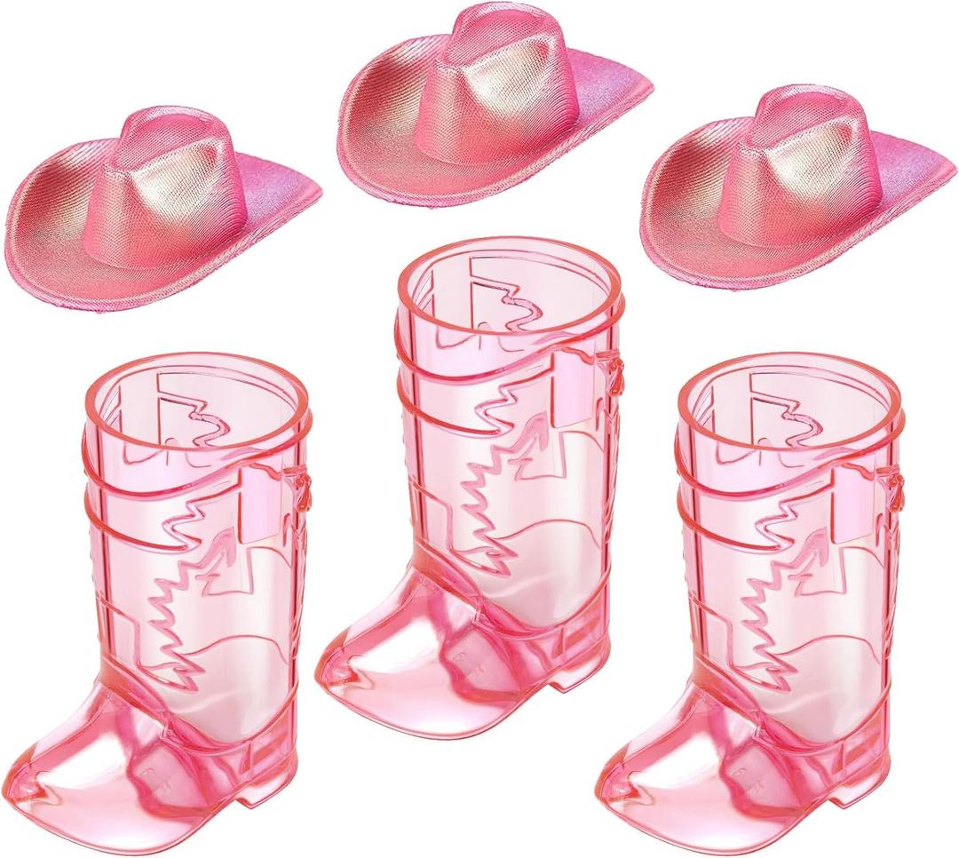 Artlunar Mini Pink Cowgirl Boots Shot Glasses with Pink Hat - Plastic Cute Shot Glasses for Women Western Cowgirl Party Favors