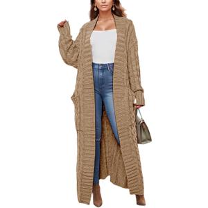 Long Cardigan Sweaters for Women 2026 Spring Fall Open Front Long Sleeve Clable Knit Sweater Coat with Pockets (Small, Khaki)