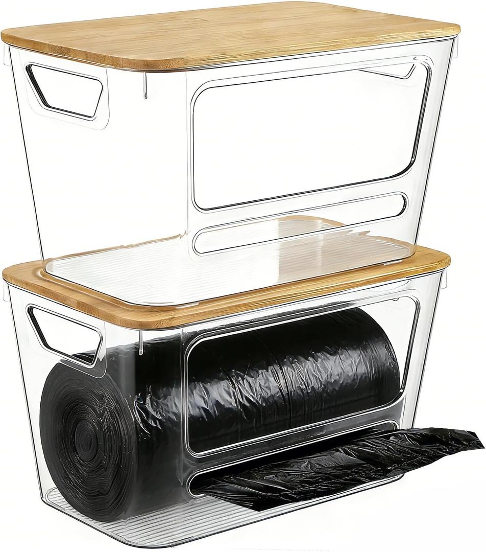 Trash Bag Dispenser, 2 Pack Extra Large Acrylic Trash Bag Holder with Bamboo Lid, Stackable Garbage Bag Holder Dispenser for Kitchen, Trash Bag Organizer for Under Sink, Bathroom, Laundry Room