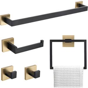 5 Pieces Bathroom Hardware Accessories Set Black and Gold Towel Bar Set,Wall Mounted Stainless Steel,23.6 Inch