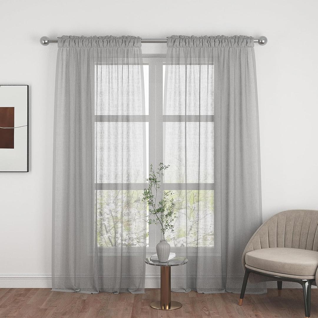 UPOPO Grey Sheer Curtains 92 inches Long Living Room Curtain Sheers Kitchen Dining Sliding Glass Door 2 Panels Voile Transparent Bedroom Drapes Linen Textured Rod Pocket Window Treatment Set