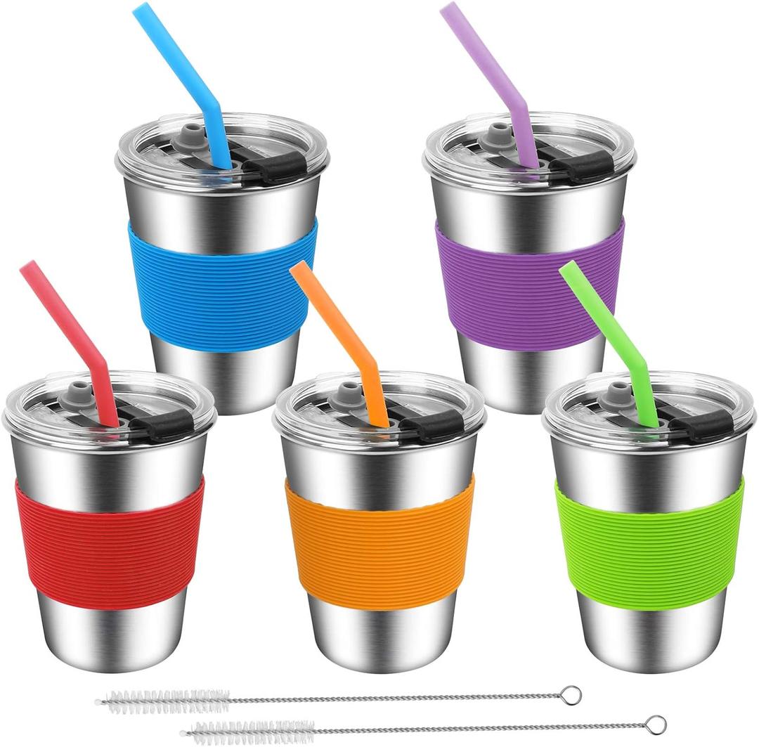 ShineMe Kids Cups with Straws and Lids, 12oz Kids Metal Drinking Glasses with Spill Proof Lids & Silicone Straws, Stainless Steel Reusable Water Tumblers for Children and Adults (5pack)