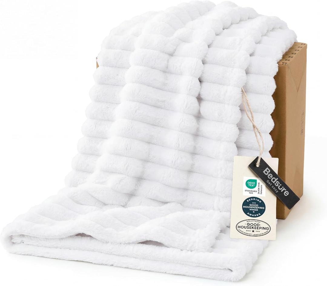 Bedsure GentleSoft White Fleece Blanket for Couch - Cozy Soft Blankets for Women, Cute Small Throws for Girls, Bright White, 50x70 Inches