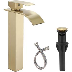 Brushed Gold Bathroom Vessel Sink Faucet, Waterfall Bathroom Faucet, Vessel Faucet, Tall Body High 1 Hole Single Handle with Pop Up Drain Combo Vanity Mixer Tap Commercial Basin Bowl Sink (11.5-Inch Vessel Sink Faucet)