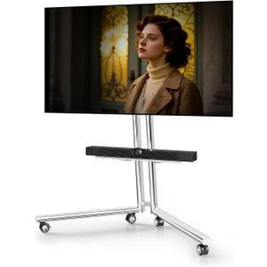 Mobile TV Cart Easel Rolling TV Stand with Soundbar Shelf for 32 to 75 Inch Screens, Minimalist Stainless Steel Frame with 360 Wheels, Portable Floor TVs Stand Hold Up to 110 Lbs Max VESA (Silver)