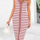 BTFBM Casual Women Spring Dresses 2025 Sleeveless Striped Midi Button Down Dress Ribbed Knit Cardigan Cover Up Dress (Pink, M)