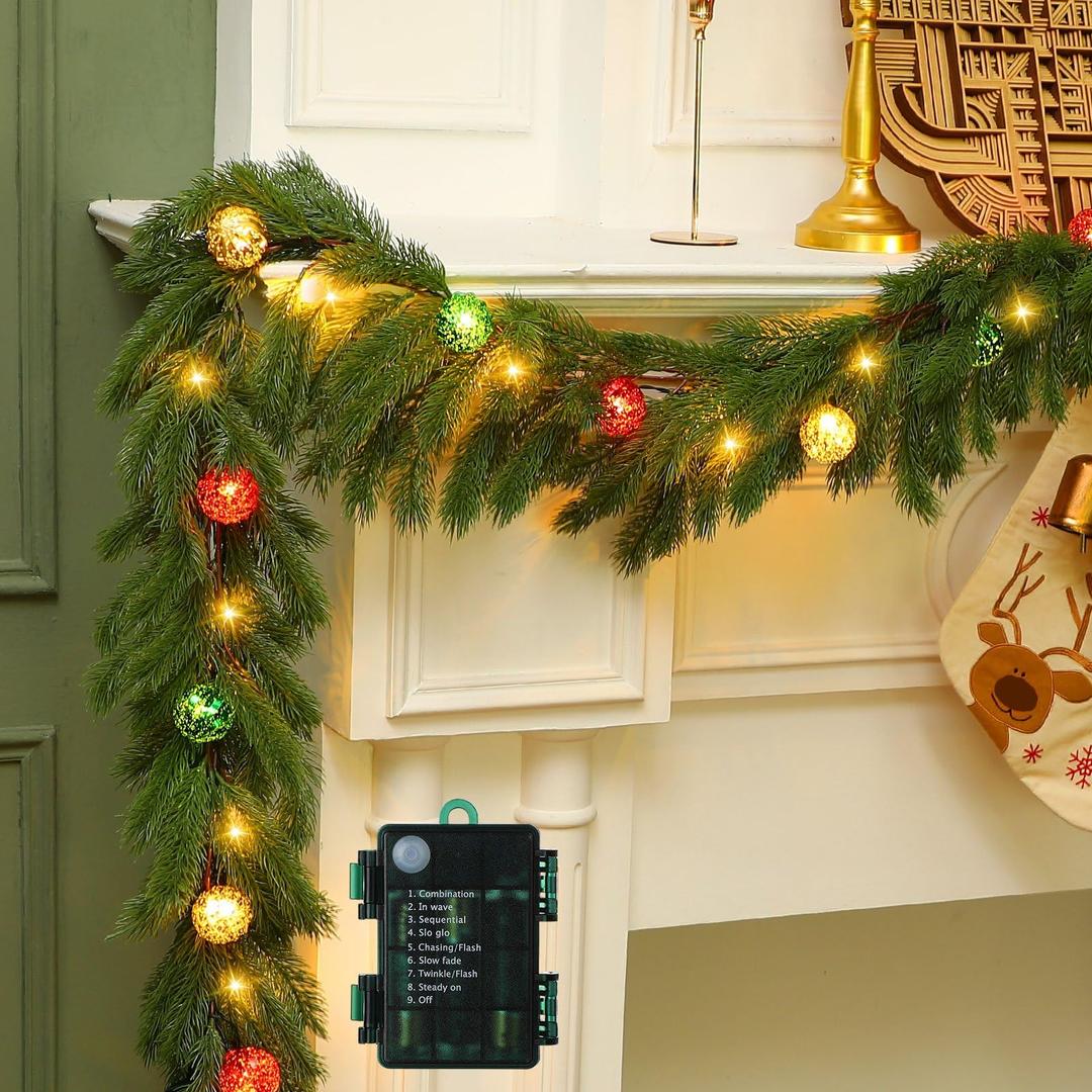 Ceenna 6.2FT Pre Lit Christmas Cedar Garland with Lights Artificial Pine Garland Christmas Decorations with Ball Ornaments,8 Modes Timer Battery Operated for Outdoor Indoor (Red, Green, Gold)