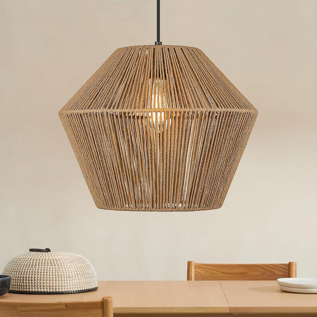 ELYONA 16.5 Large Woven Pendant Light, Modern Boho Chandelier Handwoven Rattan Basket Pendant Light Fixtures Farmhouse Rustic Ceiling Hanging Lamp for Dining Room, Kitchen Bedroom, Entryway, Foyer (17")