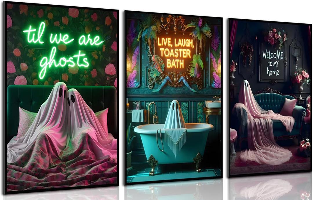 3Pcs Halloween Neon Bathroom Wall Art Tropical Ghost Dying To Relax Painting Picture Wall Decor Fashion Funny Gothic Ghost Toaster Poster Print Artwork For Apartment Living Bedroom Home Decoration (16L" x 12W")