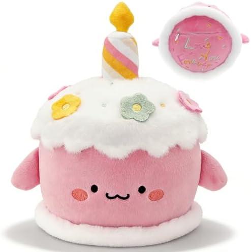 BOKUFLY Birthday Cake Stuffed Toy Cute Cake Plush Dessert Plush with Hidden Pocket Love You Forever Embroidery 8.6" for Kids Adults Home Desk Decor (Pink)