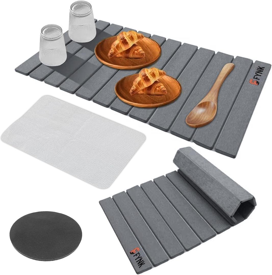 Stone Drying Mat for Kitchen Counter - Large Slats Dark Gray Foldable Diatomaceous Earth Dish Drying Mat | Foldable and Super Absorbent Dish Drying Stone Mat (12 Slats - XL)