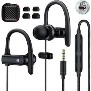 3.5mm Headphones Sport Wired Earbuds with Microphone Noise Isolating Earphone HiFi Stereo Over Ear Buds Wired Plug in with Ear Hook for Samsung Galaxy A15 A03s A14 S10 A12 Moto Switch MP3 Running Fit (Black)