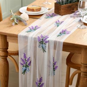 Wildflower Floral Spring Table Runner Embroidery Flower Seasonal Tulle Table Runner Holiday Kitchen Dining Home Decor for Indoor Wedding Birthday Baby Shower Party(Lavender,29.5"x118")