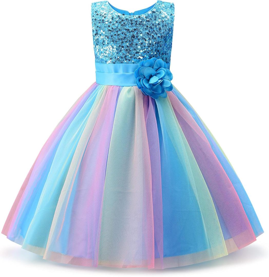 Uhnice Little Girl's Sequin Sleeveless Mesh Rainbow Dress for Wedding Party (6- Years, Blue)
