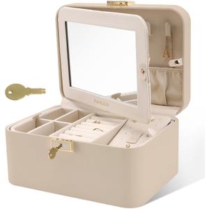 Upgraded Jewelry Box, 2 Layers PU Leather Jewelry Organizer for Women with Lock and Mirror, Hidden Necklace Hook and Removable Divider Large Capacity Travel Jewelry Box Ideal for Gift-With Gift Box (Beige)