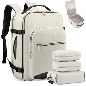 LOVEVOOK Travel Backpack for Women & Men 40L,Airline Approved Carry On Backpack Travel Essentials,TSA Carry on Luggage,Waterproof Personal Item Travel Bag,Suitcase with 3 Packing Cubes,Beige-Black (Large-40L-4Pcs)