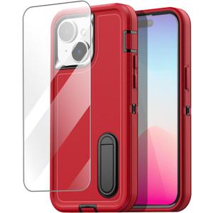 AICase for iPhone 15 Plus Case Built-in Stand with Glass Screen Protector,Heavy Duty Drop Protection Full Body Rugged Shockproof Military Protective Tough Durable Cover for iPhone 15 Plus 6.7"_6 (Energy Red/black+Glass Protector)