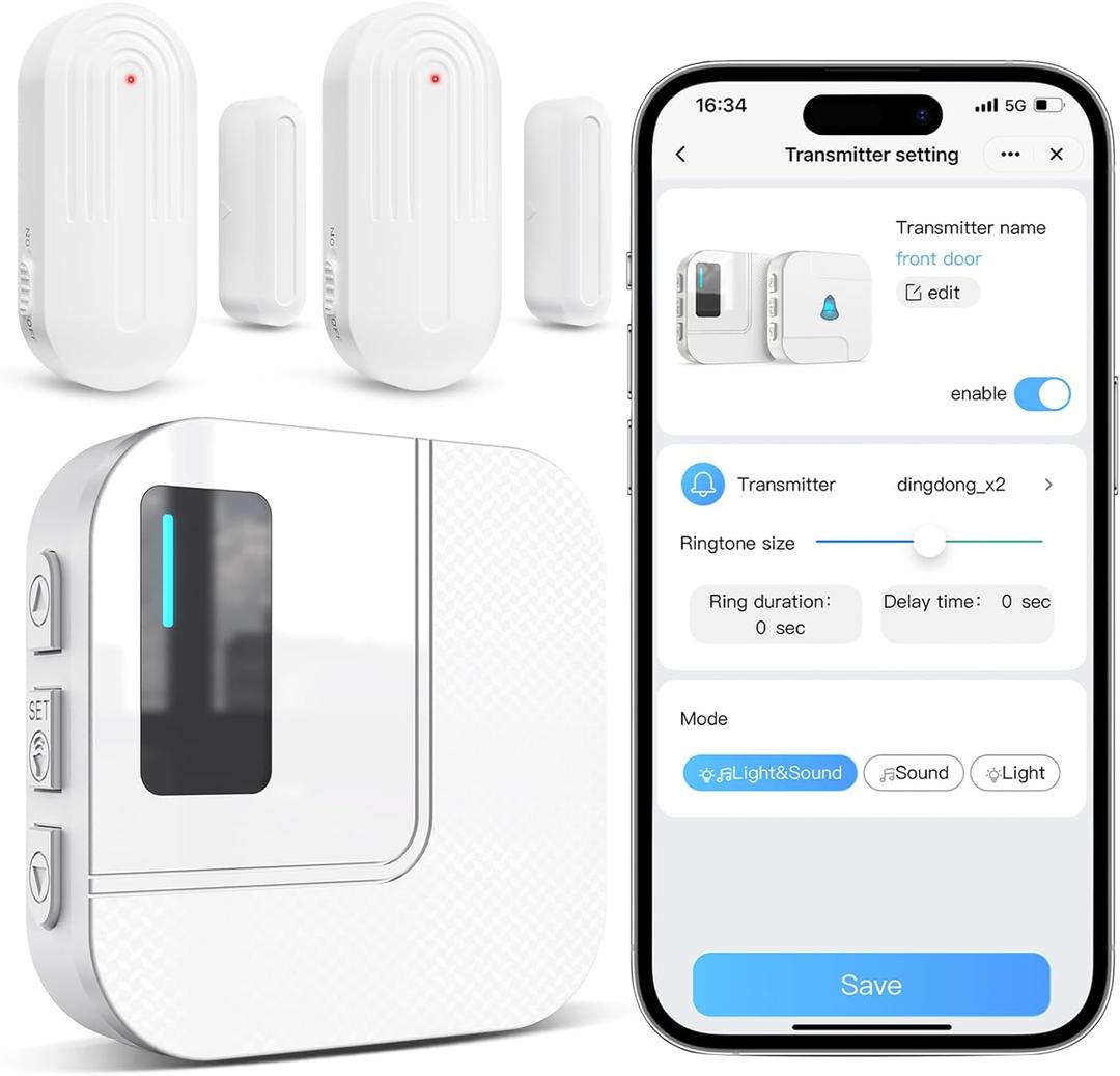 Door Chime,Sanjie WiFi Door Sensor Open Chime When Entering for Business/Home/Store/Office Alert Your Phone,Alarms for Kids Safety,500 FT Range,20 Ringtones ,2 Sensors 1 Receiver