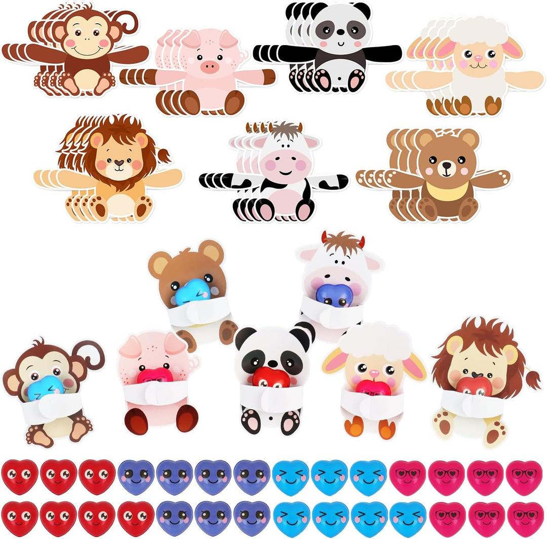 28 Pack Huggable Animal Valentine Cards + Heart Squishy Balls - 7 Animal Designs (Monkey/Panda/Lion) + 4 Colored Slow-Rebound Hearts, Interactive Valentine Exchange Gifts for Classroom & Party Favors
