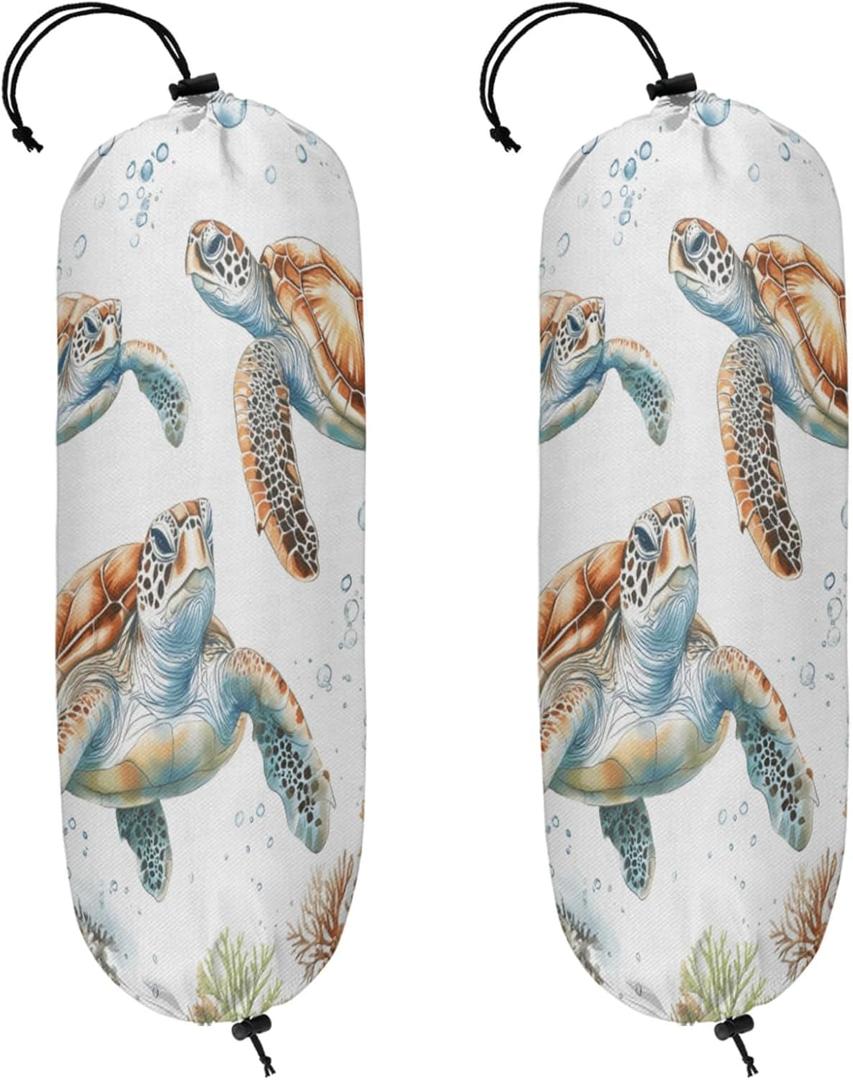 Ocean Sea Turtles Plastic Bag Holder 2 Pcs Grocery Bag Organizer Reusable Trash Bags Organizer Wall Mount Washable Kitchen Dispenser Holders with Drawstring Closure