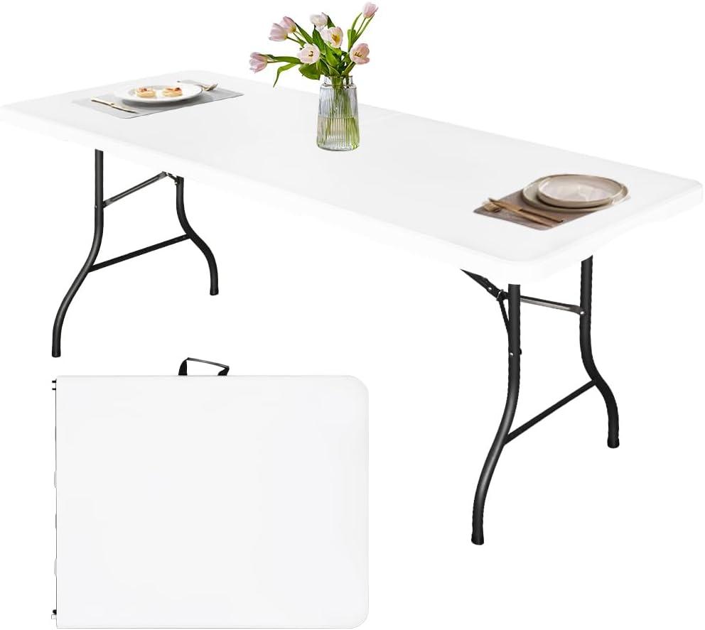 6FT Folding Tables Heavy Duty Folding Table, Multi-Functional Fold up Table for Outdoor Camping Picnic Parties, Indoor Events White Training Table with 330lbs Static Weight Capacity