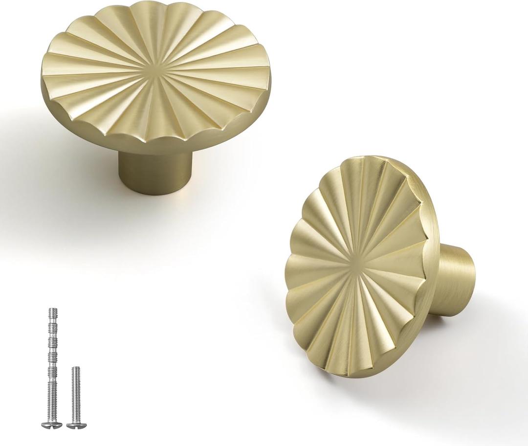 YAGU 6 Pack Brushed Brass Sunflower Kitchen Cabinet Knobs 1-1/2 Inch Round Solid Dresser Drawer Knob Brushed Gold Furniture Hardware Pulls for Closet Cupboard Wardrobe