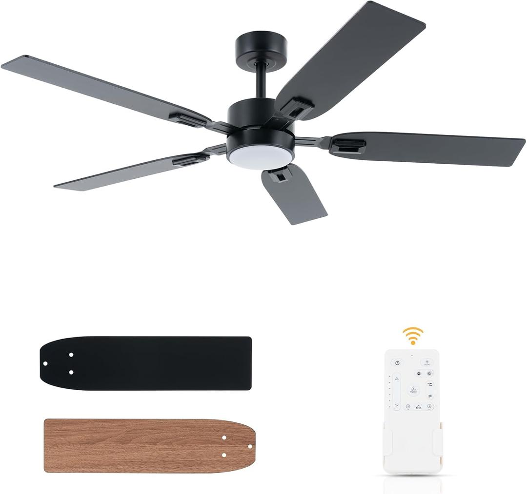 52" Ceiling Fan with Light for Bedroom - 6 Speeds & Reversible Function - 3 Color Temperature & Dimmable Brightness - Quiet Operation - Suitable for Living Room & Patios - Black