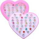 PASEMM 36pcs Little Girl Rhinestone Gem Rings,Adjustable,Random Color Style Diamond Kids Play Rings in Box,Pretend Play and Dress Up Rings for 4-12 Year Old Girl Birthday Gifts, 3 4 5 6 7 8 9 10 11 12
