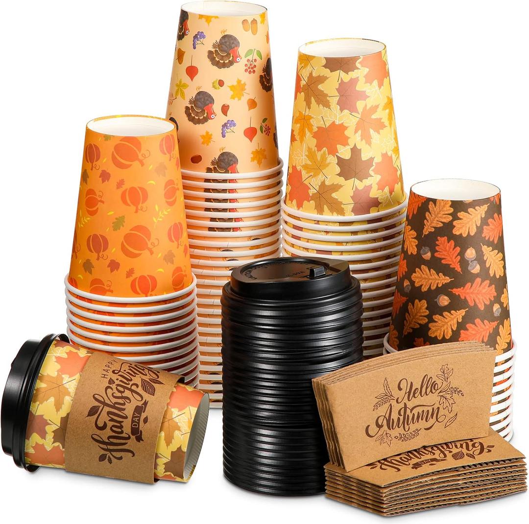Yungyan 100 Pack 12 oz Fall Disposable Coffee Cups with Dome Lids and Sleeves Thanksgiving Autumn Insulated Paper Hot Cups for Hot Cold Drinks Beverage Thanksgiving Party Dinner Supplies